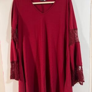 Boohoo Deep Red Dress with Lace Bell Sleeves